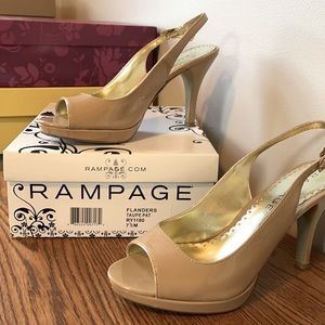 Rampage Flanders Taupe Patent Peeptoe Slingbacks, GUC